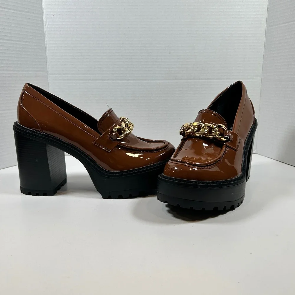 Madden Girl Heel Womens 10 Brown Patent Chain Cognac Platform Chunkie Loafers